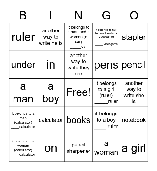 He, His, Her, Their, They're, in, on, under etc. Bingo Card