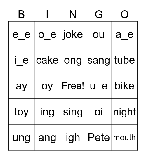 silent e, ending sounds, vowel pairs Bingo Card