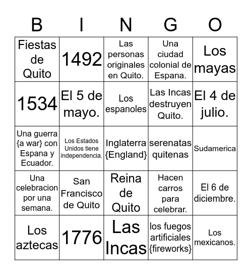 Independencia de Quito Bingo Card