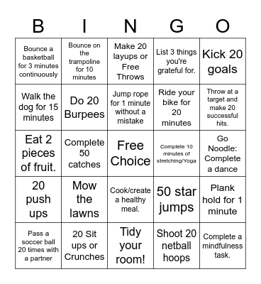 Mr Canny's Fitness Bingo Card