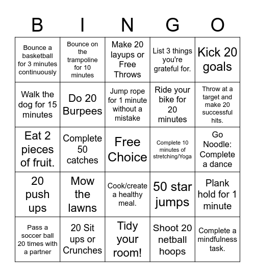 Mr Canny's Fitness Bingo Card