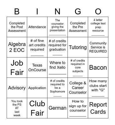 Freshman Guidance Bingo! Bingo Card