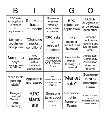 Regina Planning Commission BINGO Card Bingo Card
