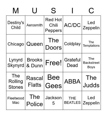 Musical Bands/ Groups Bingo Card