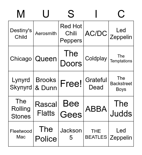 Musical Bands/ Groups Bingo Card