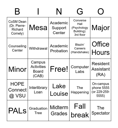 VSU Bingo Card