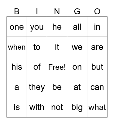 Sight Words Bingo Card