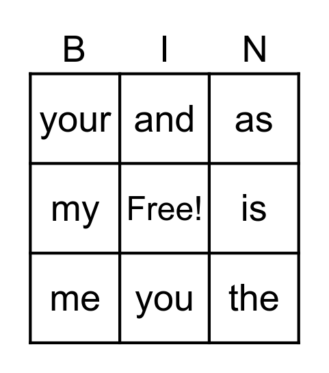 Sight Word Bingo Card