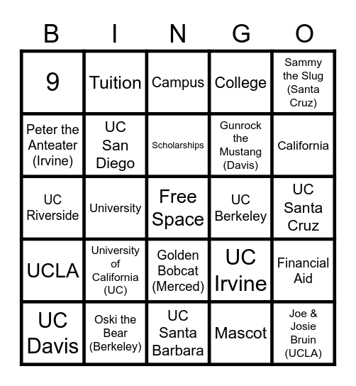 UC & Mascots Bingo Card