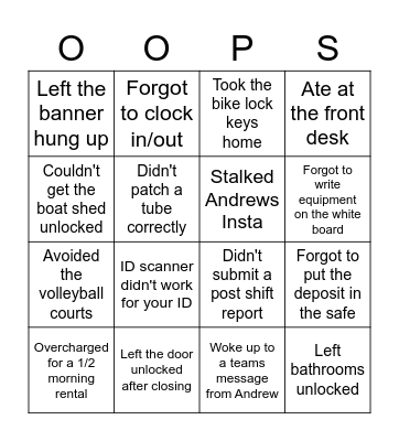 Oops OC BINGO Card