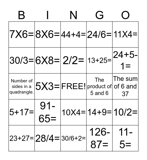 G5 and 6 Math Bingo Card