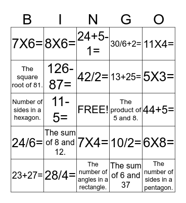 G5 and 6 Math Bingo Card
