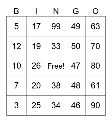 Multiplication & Division Bingo Card