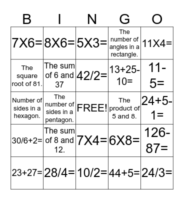 G5 and 6 Math Bingo Card