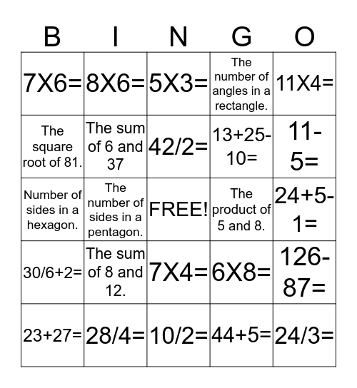 G5 and 6 Math Bingo Card