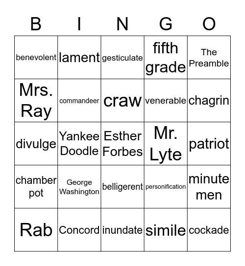 Review of Johnny Tremain Bingo Card