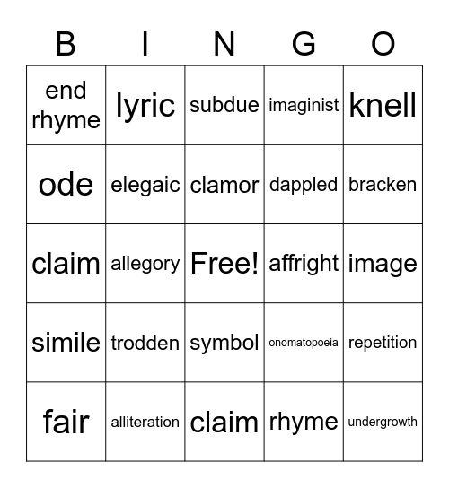 Poetry Review Bingo Card