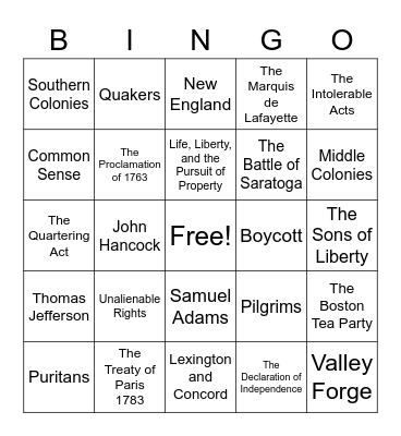 Colonial & Revolutionary Bingo Card