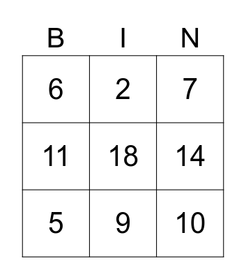 NUMBER Bingo Card