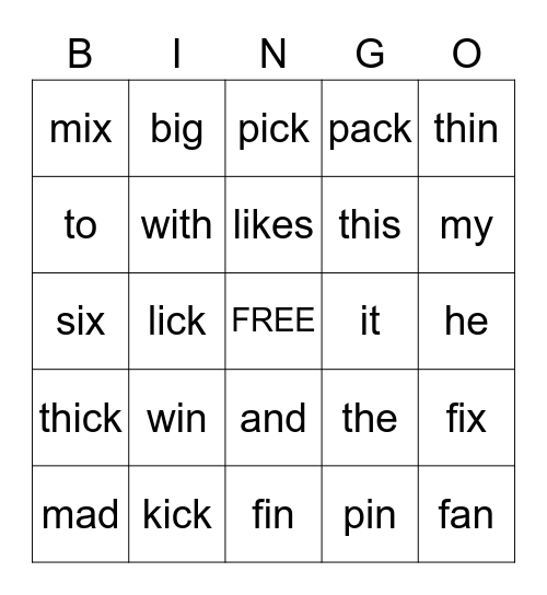 Letterland Bingo (Unit 3: ix, in, ick) Bingo Card