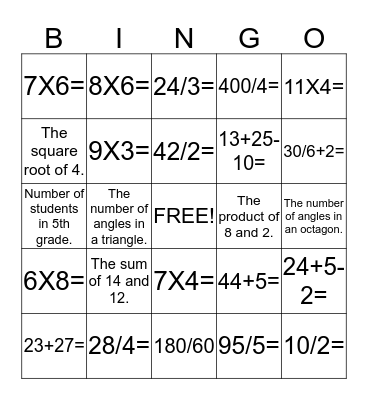 G5 and 6 Math Bingo Card
