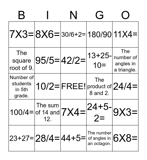 G5 and 6 Math Bingo Card