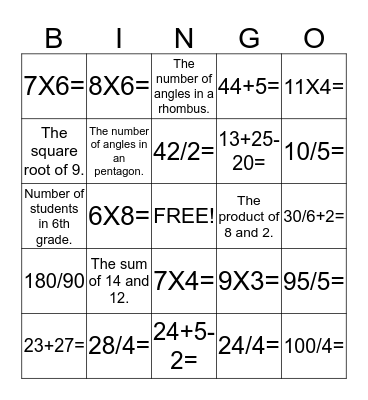 G5 and 6 Math Bingo Card