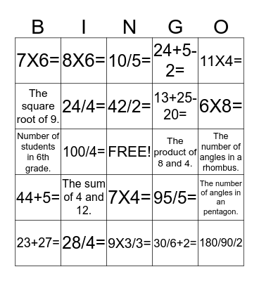 G5 and 6 Math Bingo Card
