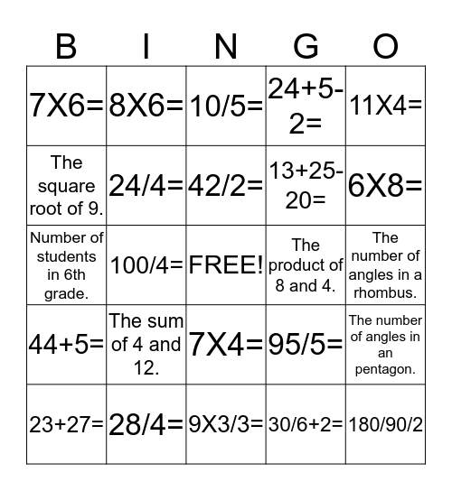 G5 and 6 Math Bingo Card