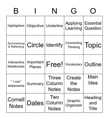 AVID Focused Note-Taking Bingo Card