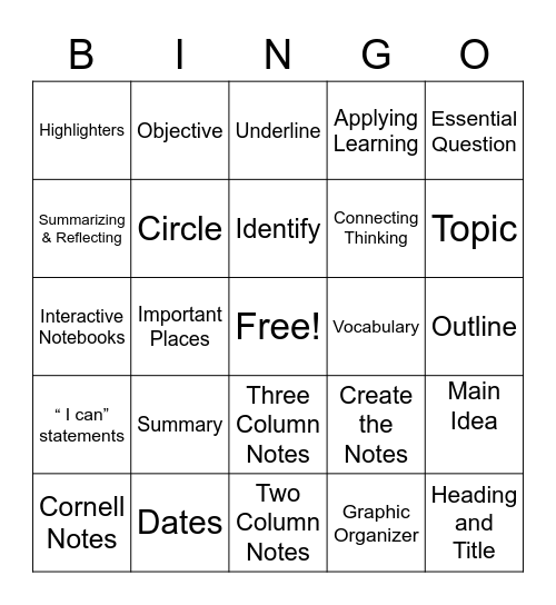 AVID Focused Note-Taking Bingo Card