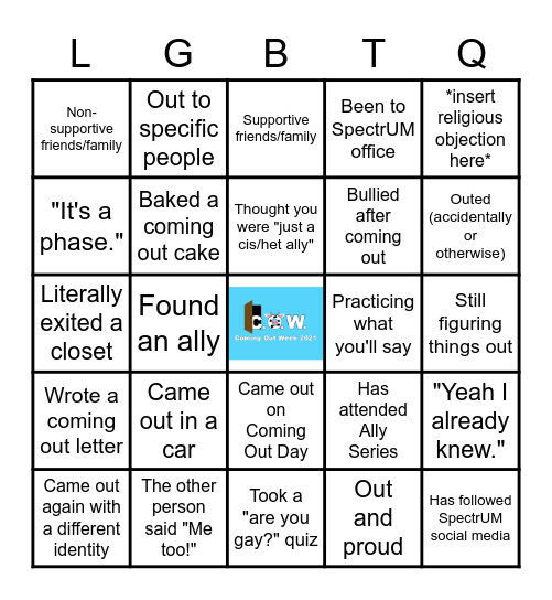 Coming Out Week 2021 Bingo Card