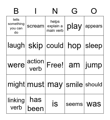 Types of Verbs Bingo Card