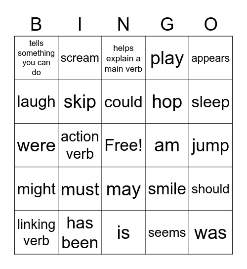 Types of Verbs Bingo Card