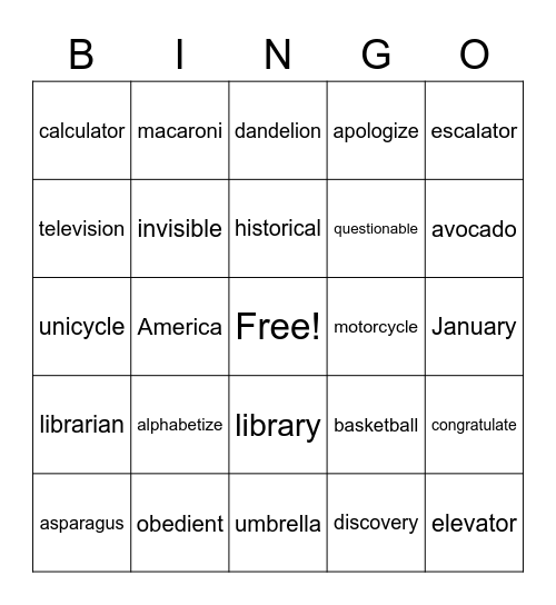 Multi-Syllabic Word Bingo Card