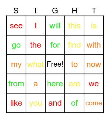 Sight Words Bingo Card