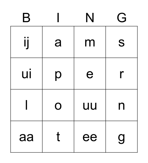 De letters Bingo Card