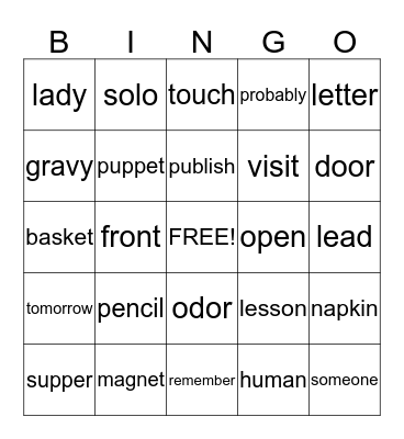 Open and Closed Syllables Bingo Card