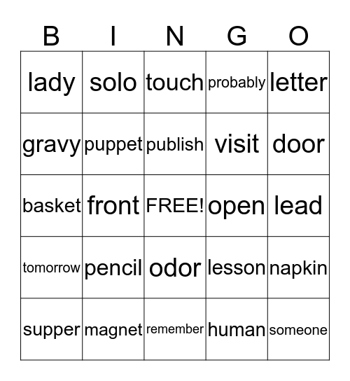 Open and Closed Syllables Bingo Card