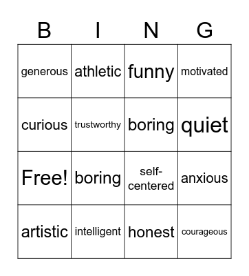 Personality Adjectives Bingo Card