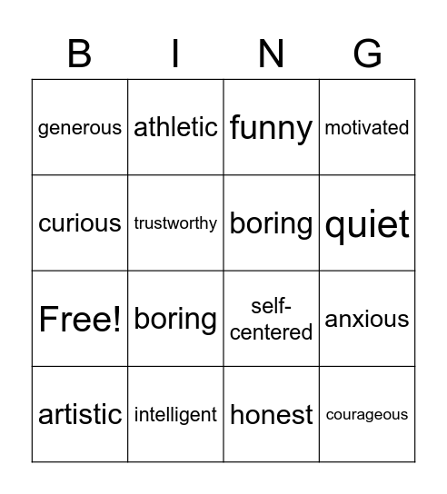 Personality Adjectives Bingo Card