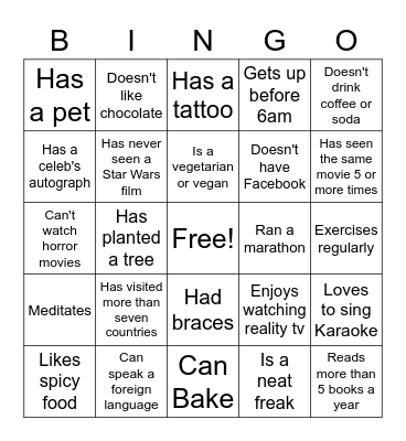 Getting to Know You Bingo Card