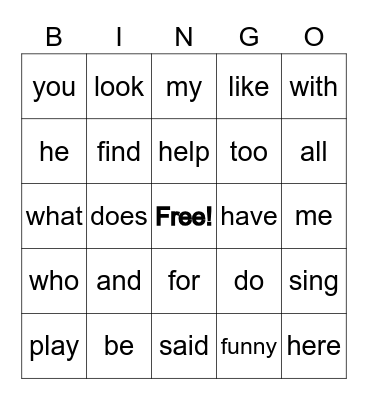 Sight Word BINGO Card