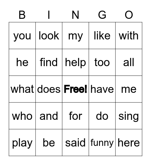 Sight Word BINGO Card