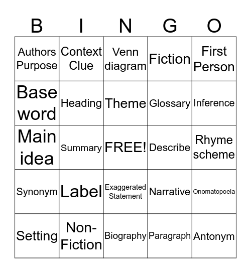 Reading Vocabulary Bingo Card