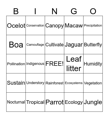 Rainforest Bingo Card