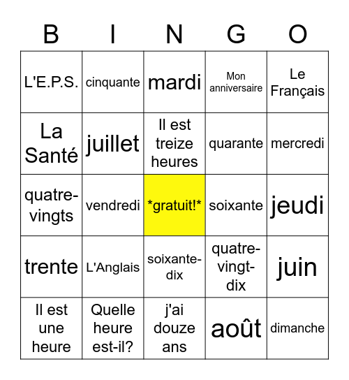 7e Unité 1- Examen Bingo Card