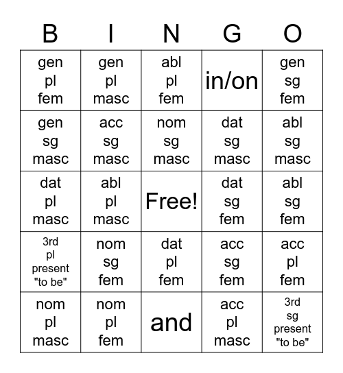 First/Second Declension Bingo Card