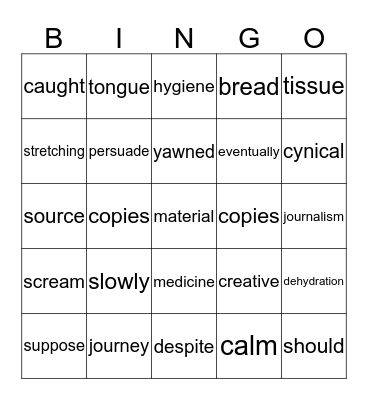 Single Word  (d) Bingo Card