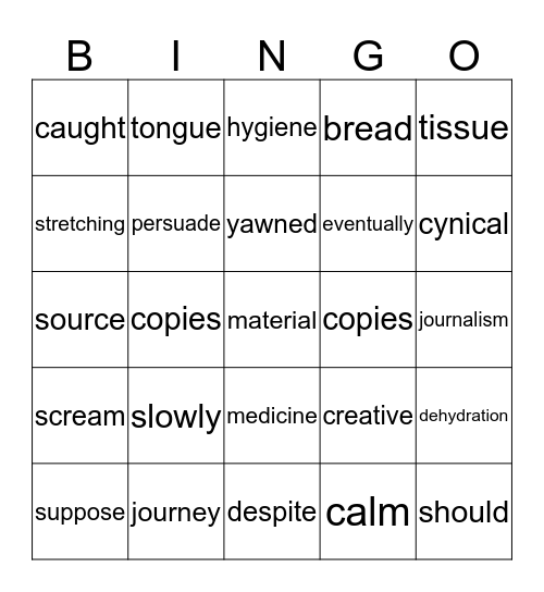 Single Word  (d) Bingo Card